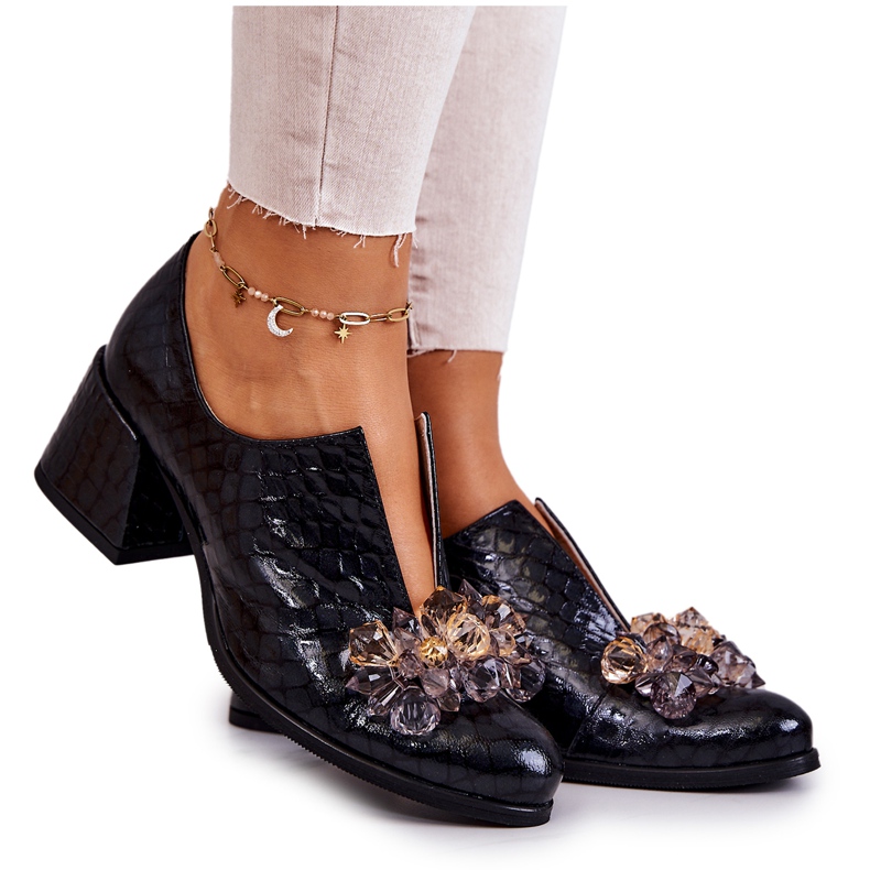 PA2 Elegantní kožené vysoké podpatky s černým zdobením Delaver černá