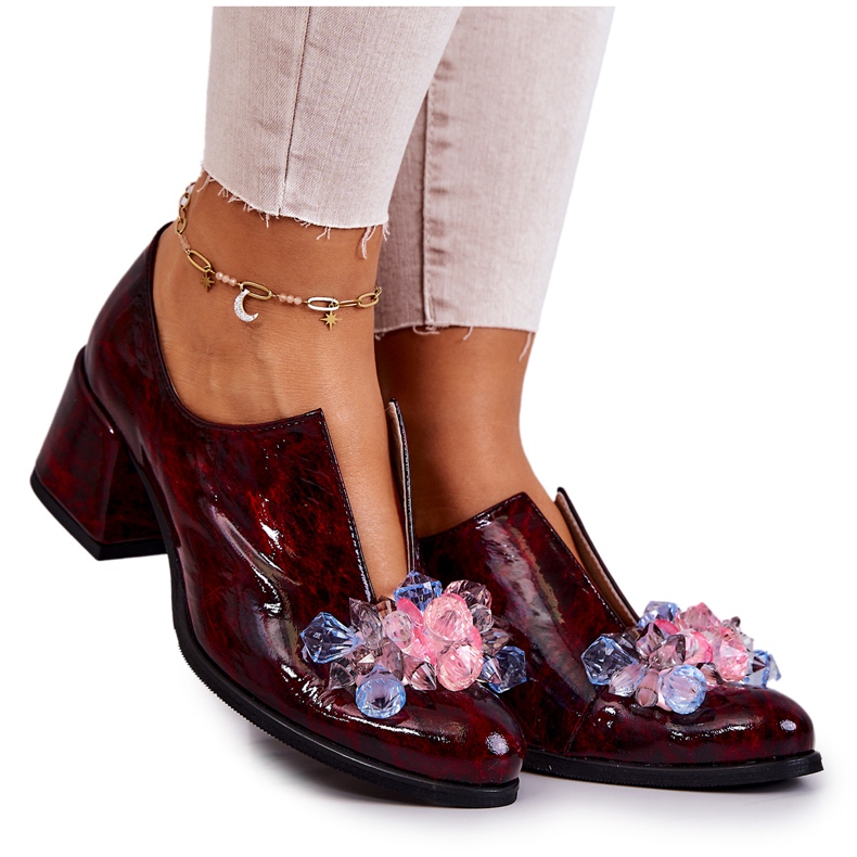 PA2 Elegantní kožené vysoké podpatky s vínovou dekorací Delaver červené