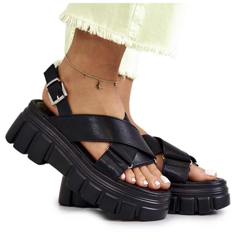 PE1 Kožené Sandály Na Černé Betti Platformě černá
