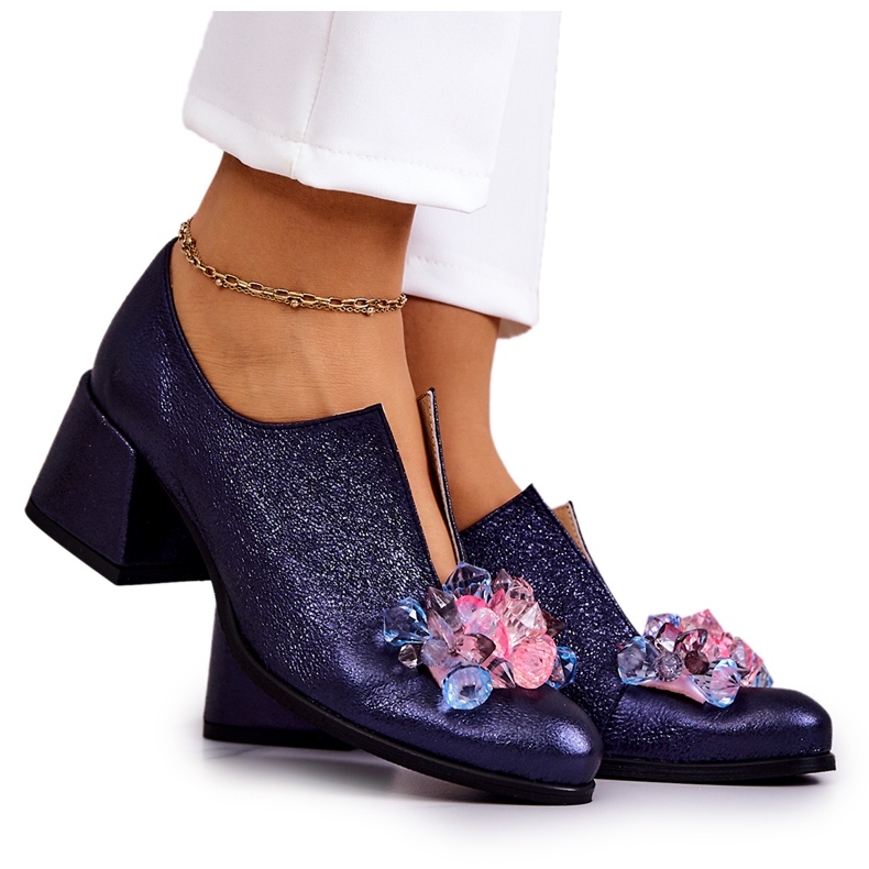 PA2 Kožené metalické boty s tmavě modrým ornamentem Delaver námořnická modrá