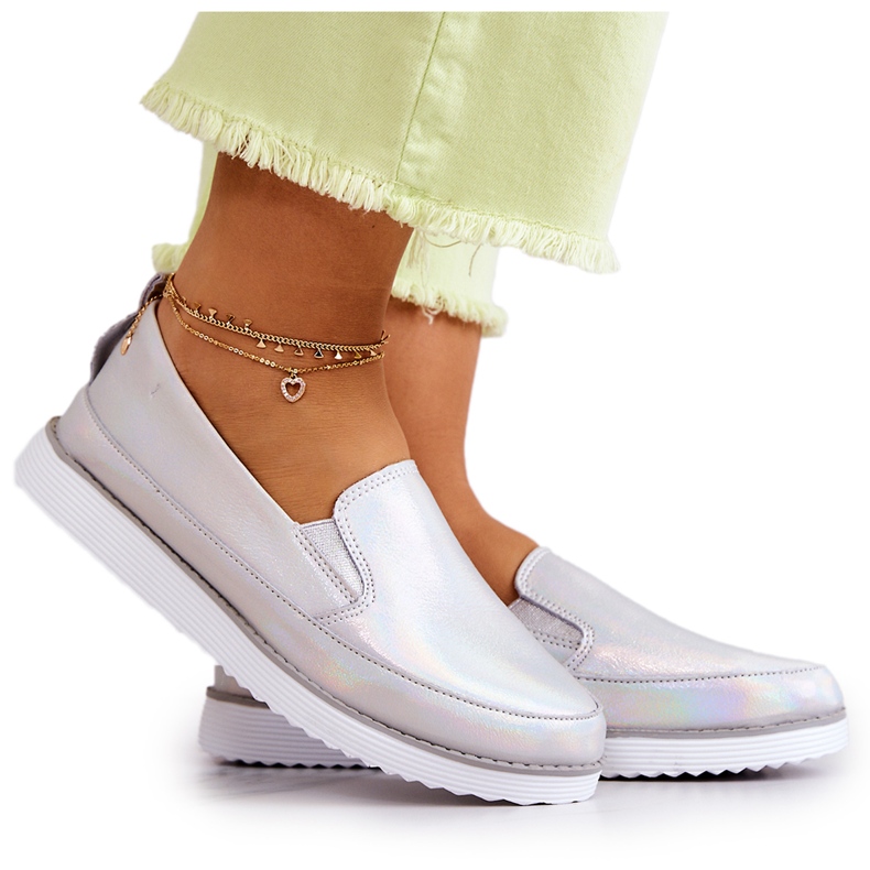 Dámské kožené tenisky Slip-On S.Barski Holographic Silver stříbrný