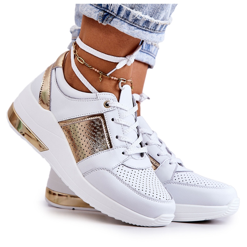 S.Barski Dámské Kožené Sportovní Boty Na Klínu Bílá Larson bílý zlatý