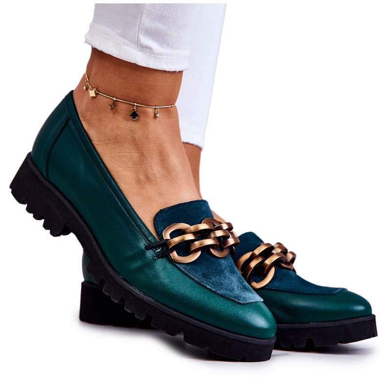 PA2 Elegantní kožené mokasíny se zeleným ženevským řetízkem zelená