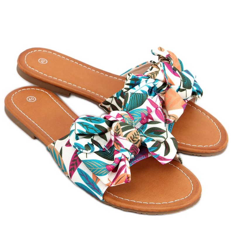 Lotos Béžové pantofle s květinovým potiskem vícebarevný