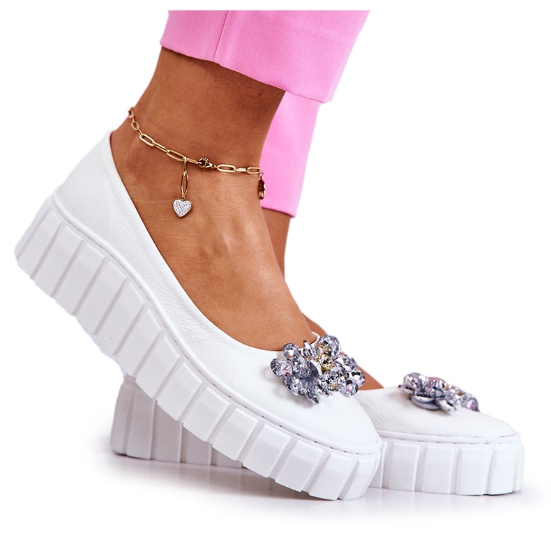 PA2 Kožené Baleríny Na Platformě S Bílým Ladette Ornamentem