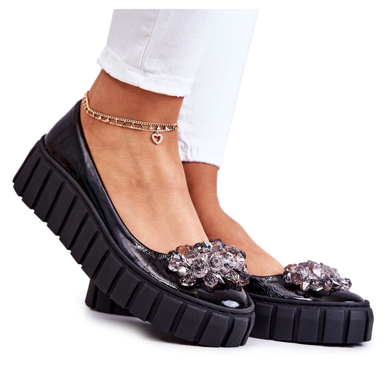 PA2 Kožené Baleríny Na Platformě S černým Ladette Ornamentem černá