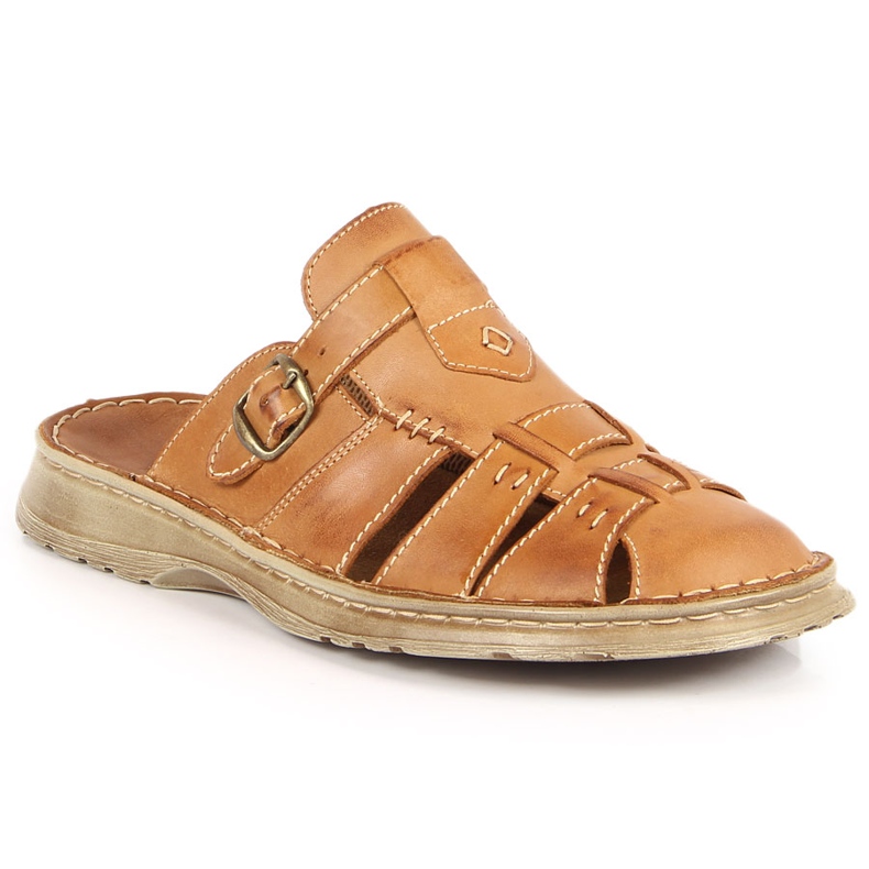 Pohodlné hnědé kožené pánské pantofle Łukbut 962 hnědý