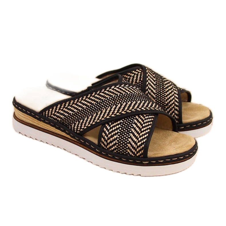 Černé dámské pantofle na klínovém podpatku Rieker 679A5 béžový hnědý