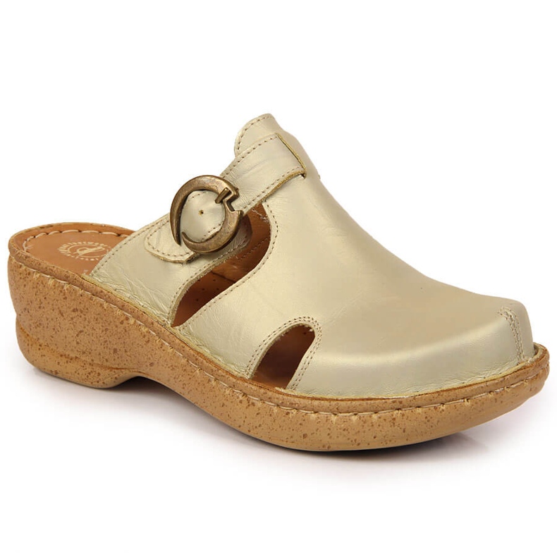 Kožené pantofle na zlatém klínu Łukbut 666 zlatý