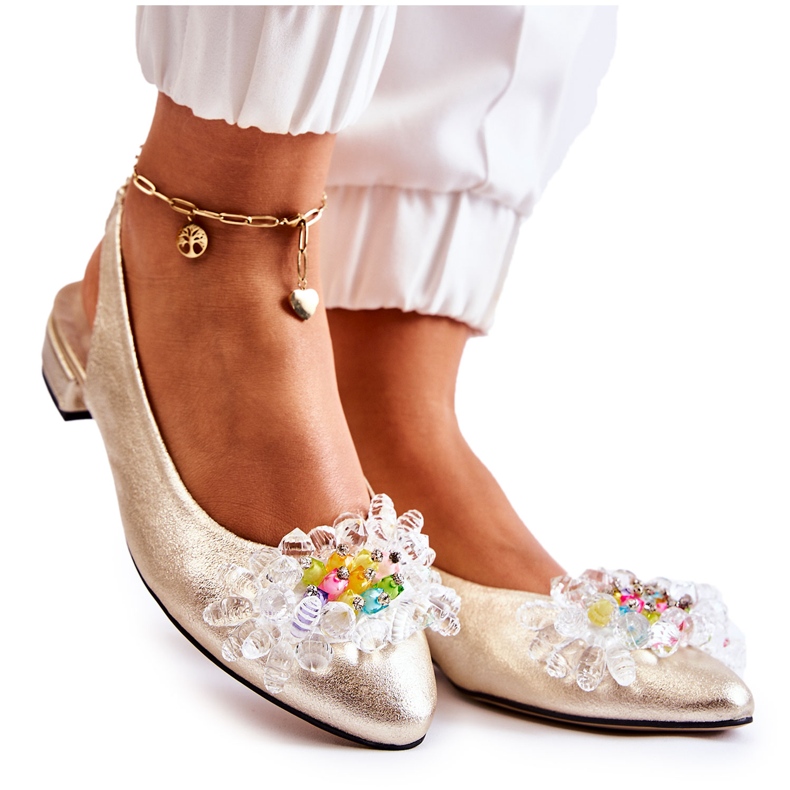 PA2 Kožené Baleríny Na Vysokých Podpatcích Se Zlatým Ornamentem Elena