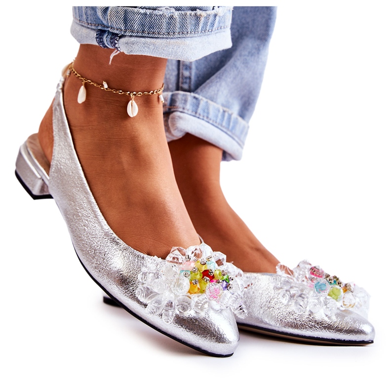 PA2 Kožené Baleríny Na Vysokých Podpatcích Se Stříbrným Ornamentem Elena