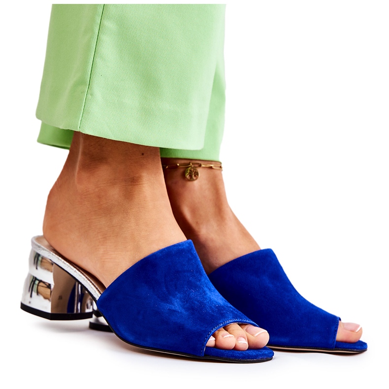 PA2 Dámské semišové pantofle na podpatku tmavě modrá Perry námořnická modrá modrý stříbrný