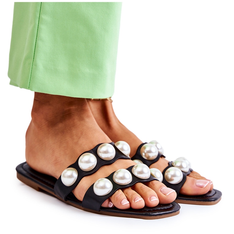 PG1 Dámské kožené pantofle s ozdobnými perlami Černé Lasello černá