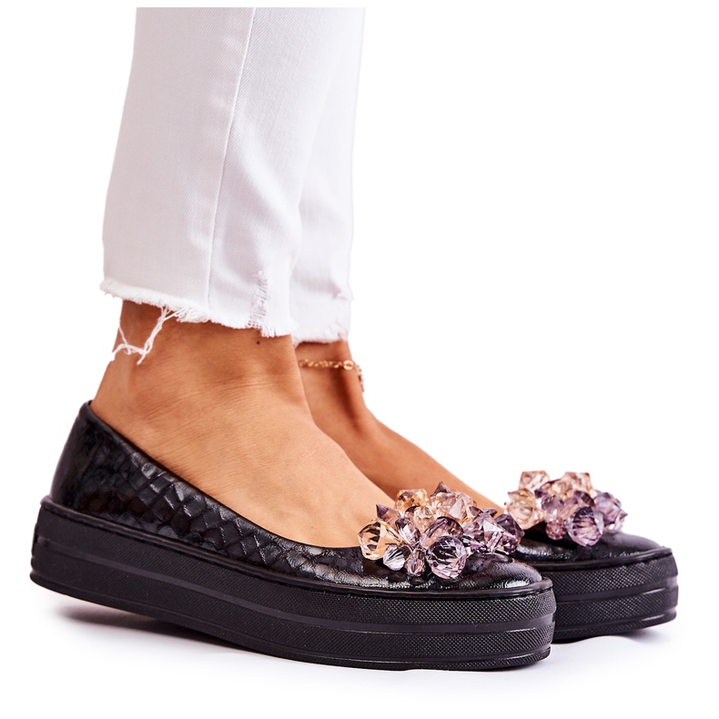 PA2 Kožené Baleríny Na Platformě S Black Beriet Ornament černá PA2 Kožené Baleríny Na Platformě S Black Beriet Ornament černá