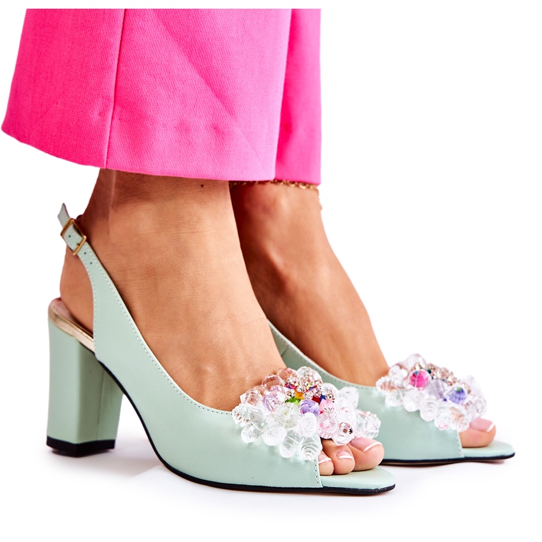 PA2 Módní kožené lodičky sandály se zeleným zdobením Meriss zelená