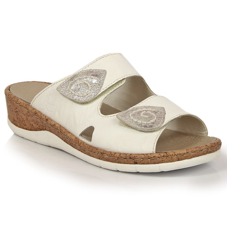 Bílé dámské kožené pantofle Rieker V7151-80 s klínky na suchý zip bílý