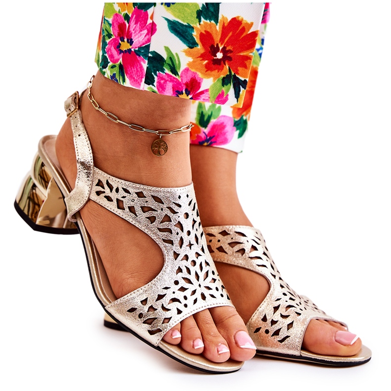 PA2 Kožené Prolamované Sandály Na Vysokých Podpatcích Zlatá Salvio zlatý