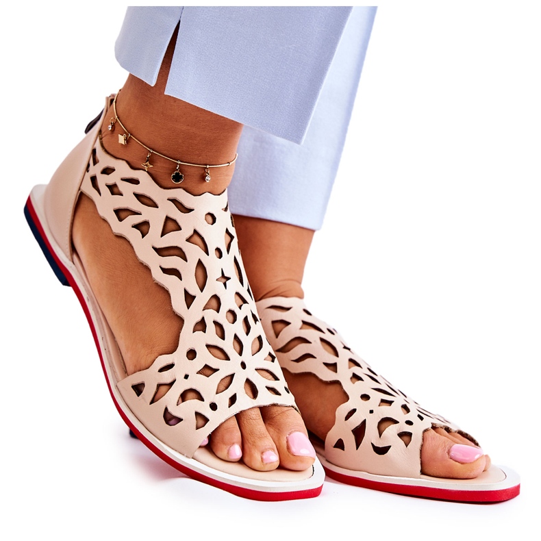 PA2 Kožené lehké prolamované sandály Béžová Alima béžový