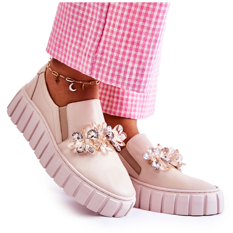 PA2 Dámské kožené nazouvací tenisky s béžovým zdobením Mirana