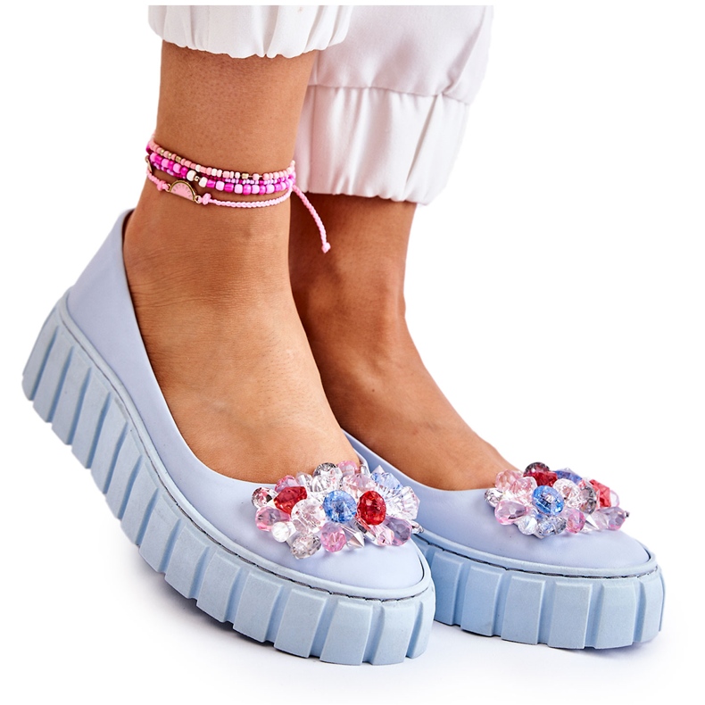 PA2 Kožené Baleríny Na Platformě S Barevnou Modrou Dekorací Ladette modrý