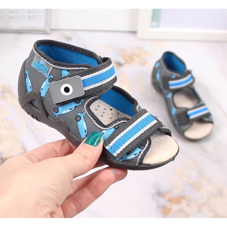 Chlapecké pantofle na suchý zip s racer šedou a modrou Befado šedá