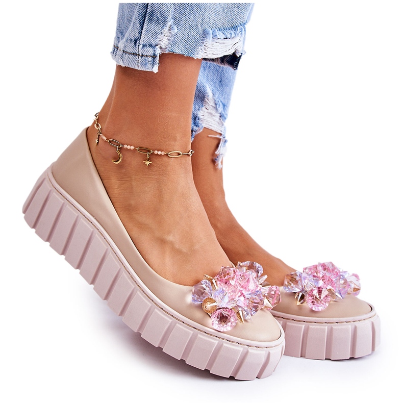 PA2 Kožené Baleríny Na Platformě S Béžovou Dekorací Ladette béžový