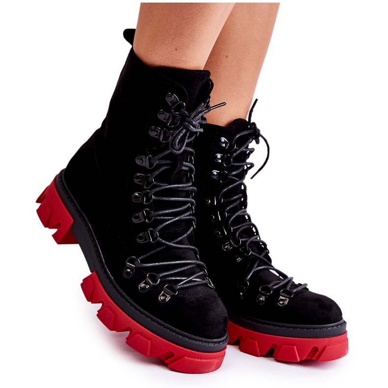 Teplé semišové pracovní boty se zavazováním černo-červené pierro černá Teplé semišové pracovní boty se zavazováním černo-červené pierro černá