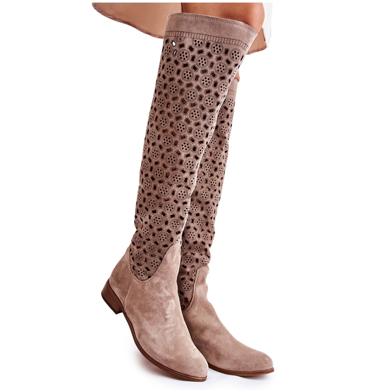 PA2 Semišové Boty S Prolamovaným Vzorem Tmavě Béžová Pointe béžový