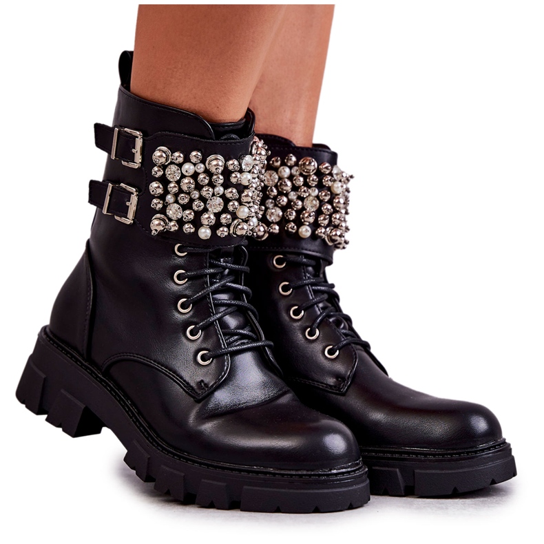 PG1 Dámské kozačky s ozdobami vázanými černými Leonese černá