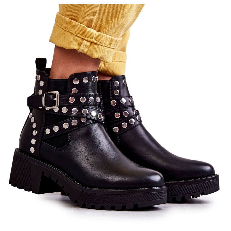 PG1 Kožené dámské kozačky s ozdobnými cvočky Black Sanchez černá