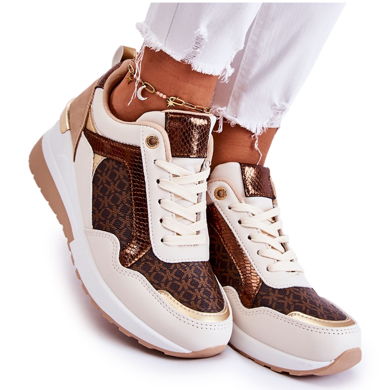 PG1 Dámská sportovní obuv na klínku, ekokůže, bílo-hnědá Catrine béžový hnědý zlatý