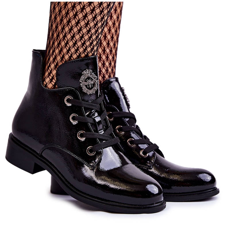 S.Barski Lakované teplé šněrovací boty Černá Enrica