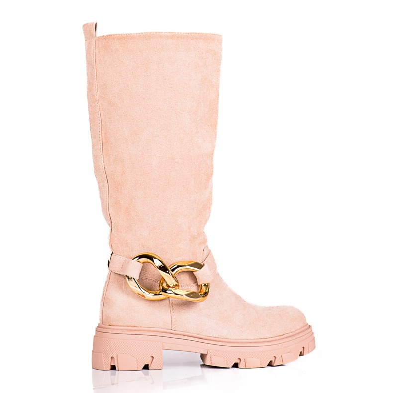 Dámské béžové kozačky s řetízkem Shelovet z ekologického semiše béžový