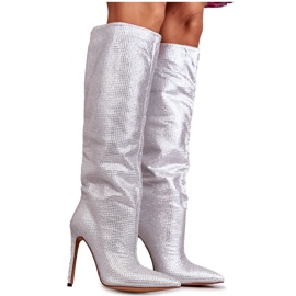 Módní stříbrné kozačky na vysokém podpatku s kubickými zirkony stříbrný