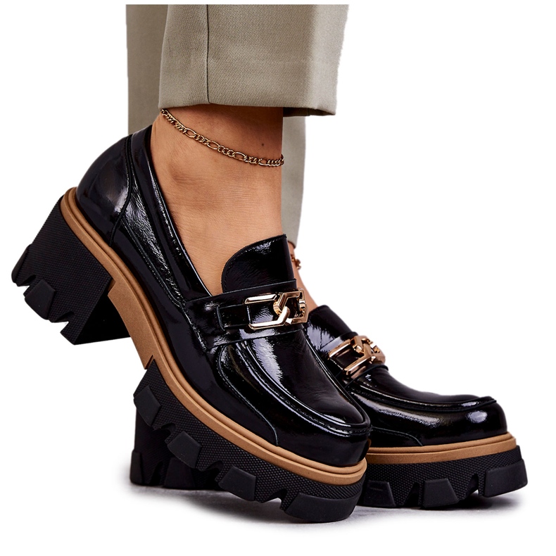 PL5 Lakované vysoké podpatky se zlatým ornamentem černé lurdy černá