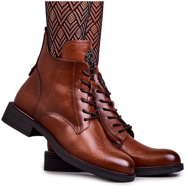 Vinceza Šněrovací kozačky na plochém podpatku karamelové Grete hnědý