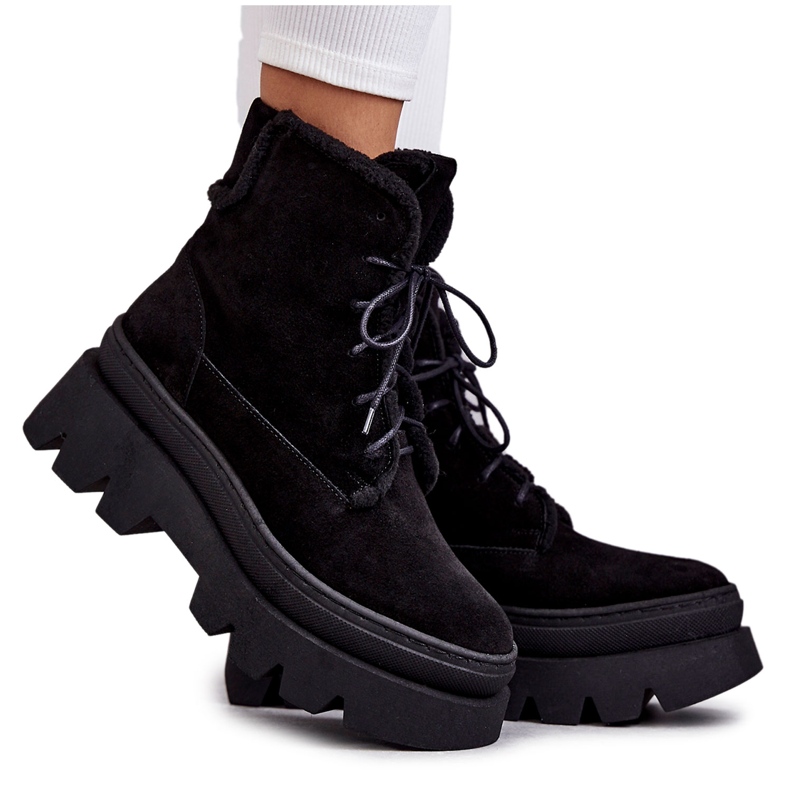 Semišové zateplené šněrovací boty Černá Elisabeth