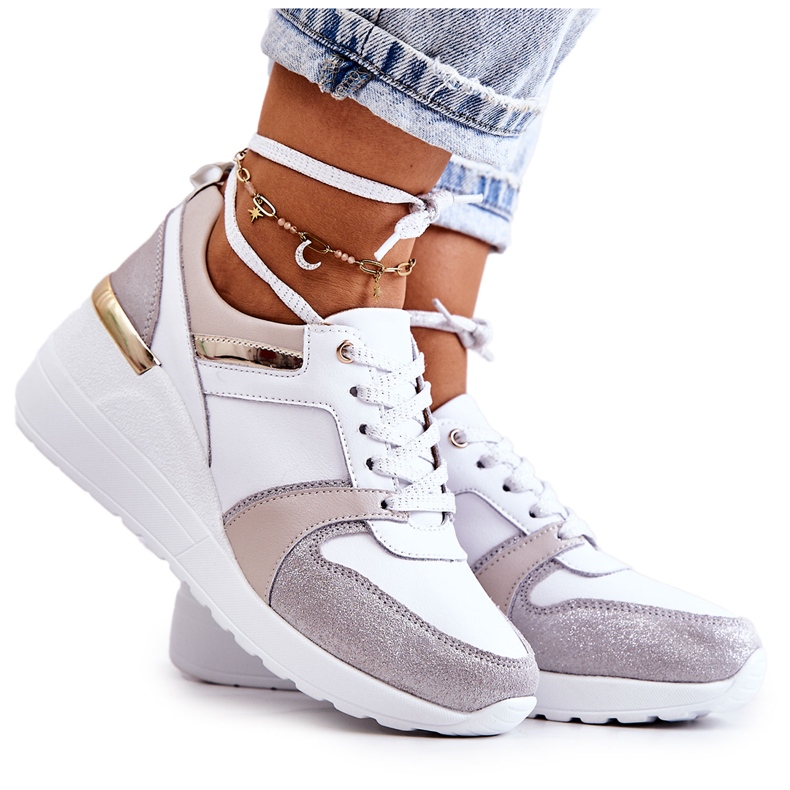 S.Barski Kožené sportovní boty na klínku bílá a šedá Rayana bílý