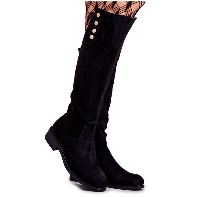 S.Barski Černé Laura teplé semišové kozačky na plochém podpatku černá