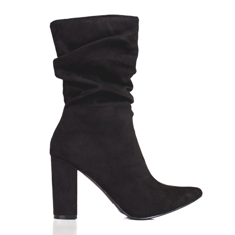 Dámské černé kozačky na sloupku s mačkaným svrškem Shelovet černá Dámské černé kozačky na sloupku s mačkaným svrškem Shelovet černá