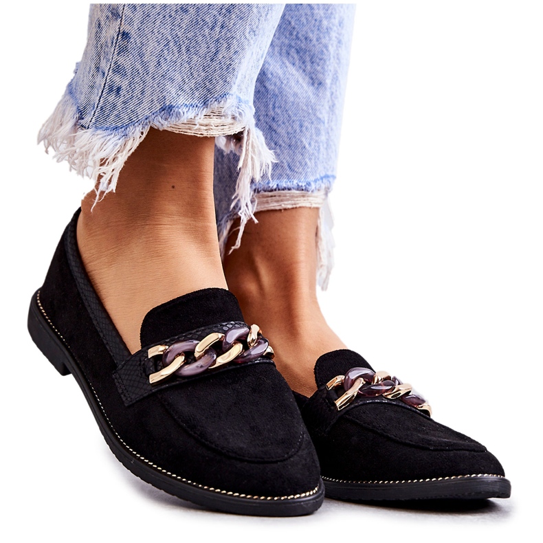 FB2 Dámské semišové mokasíny s řetízkem černé nehty černá