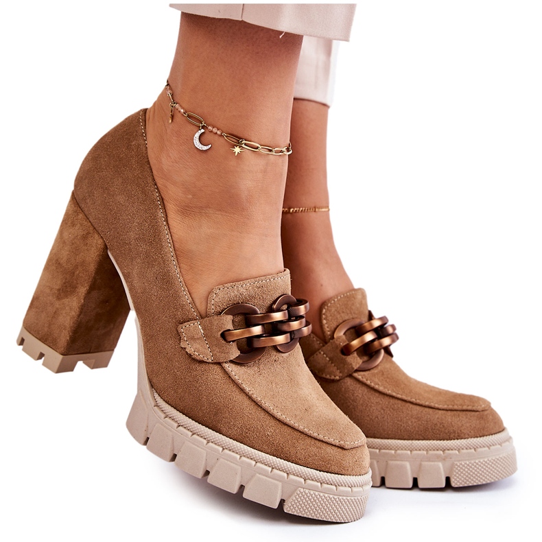 Kožené lodičky na platformě a baru Lewski Boty 3197 Béžová hnědý