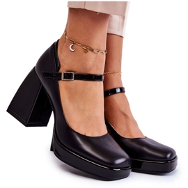 PA2 Kožené Lodičky Na Robustních Podpatcích Černá Tina