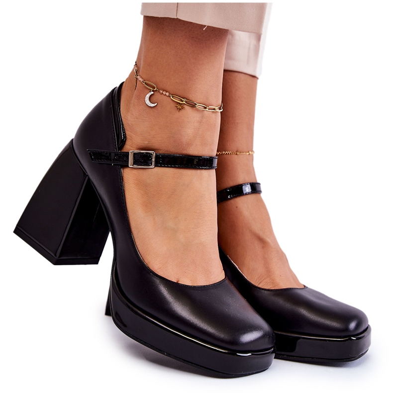 PA2 Kožené Lodičky Na Robustních Podpatcích Černá Tina