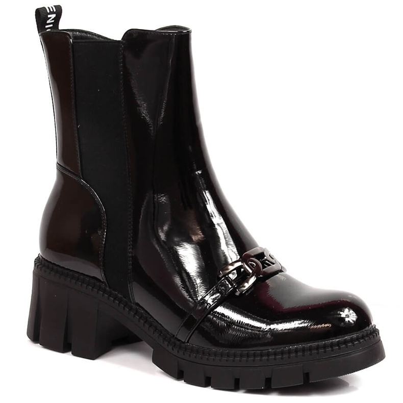 Kozačky lakované na špalíku a platformě s řetízkem, černé teplé Potocki černá Kozačky lakované na špalíku a platformě s řetízkem, černé teplé Potocki černá