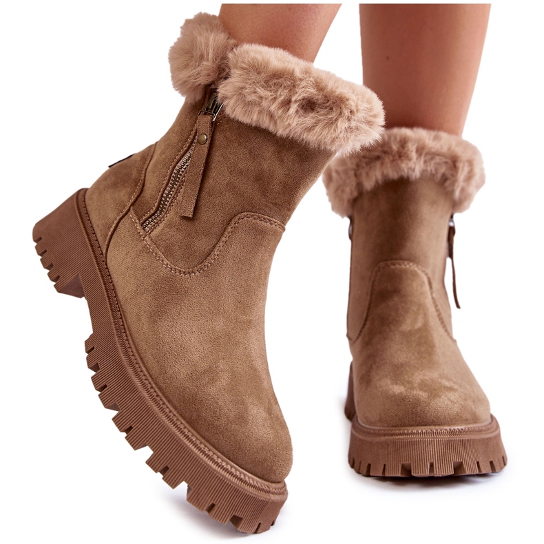 Vinceza Béžové Rezan Semišové Kozačky S kožíškem Se Zipem béžový