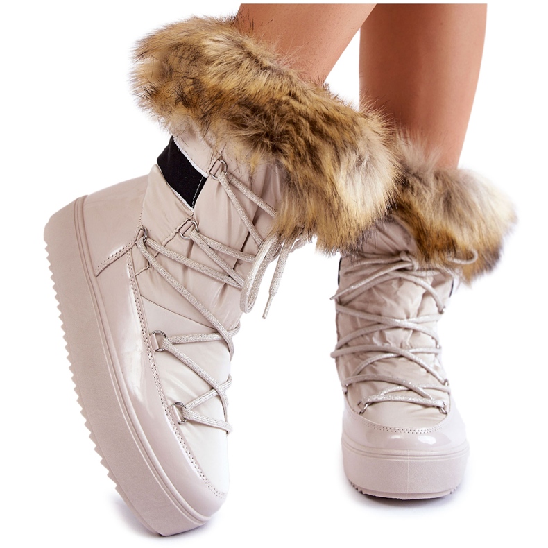 Dámské béžové Shannon šněrovací boty do sněhu s kožíškem béžový