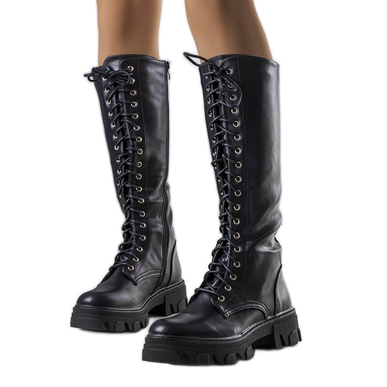 PA1 Černé teplé kozačky s vázáním Poris černá PA1 Černé teplé kozačky s vázáním Poris černá