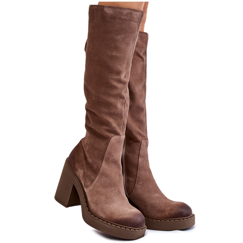 PL5 Dámské semišové kozačky na hrubém podpatku světle hnědé Valeris béžový