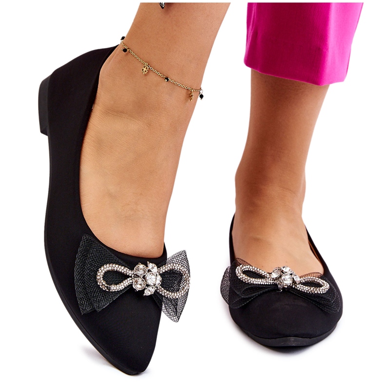 PS1 Dámské špičaté baleríny s ozdobnou mašlí černá svítící